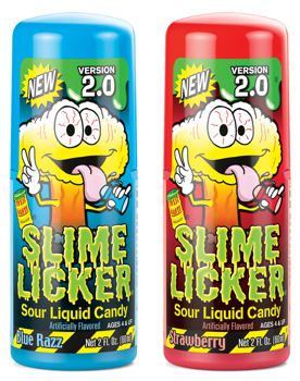 Slime LIcker 2.0, Sour Liquid Candy, Blue Razz or Strawberry, 2 FL OZ Bottles - 12 Count Display Box